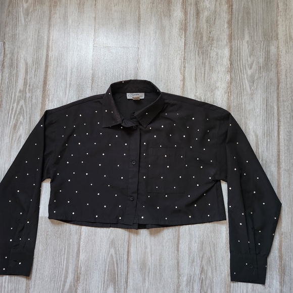 Spoon Jeans Tops - Spoon Jeans Women’s Black Rhinestone Long Sleeve Button Up Crop Top Size L